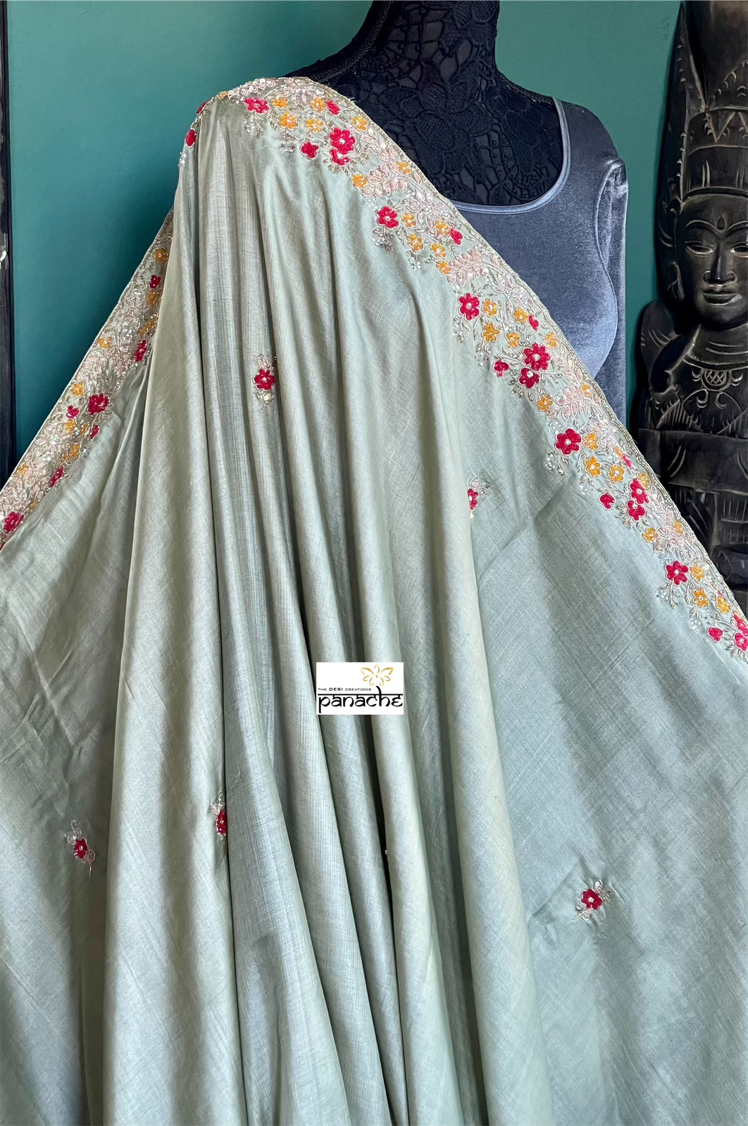 Designer Tussar Silk - Moss Green Hand Embroidered