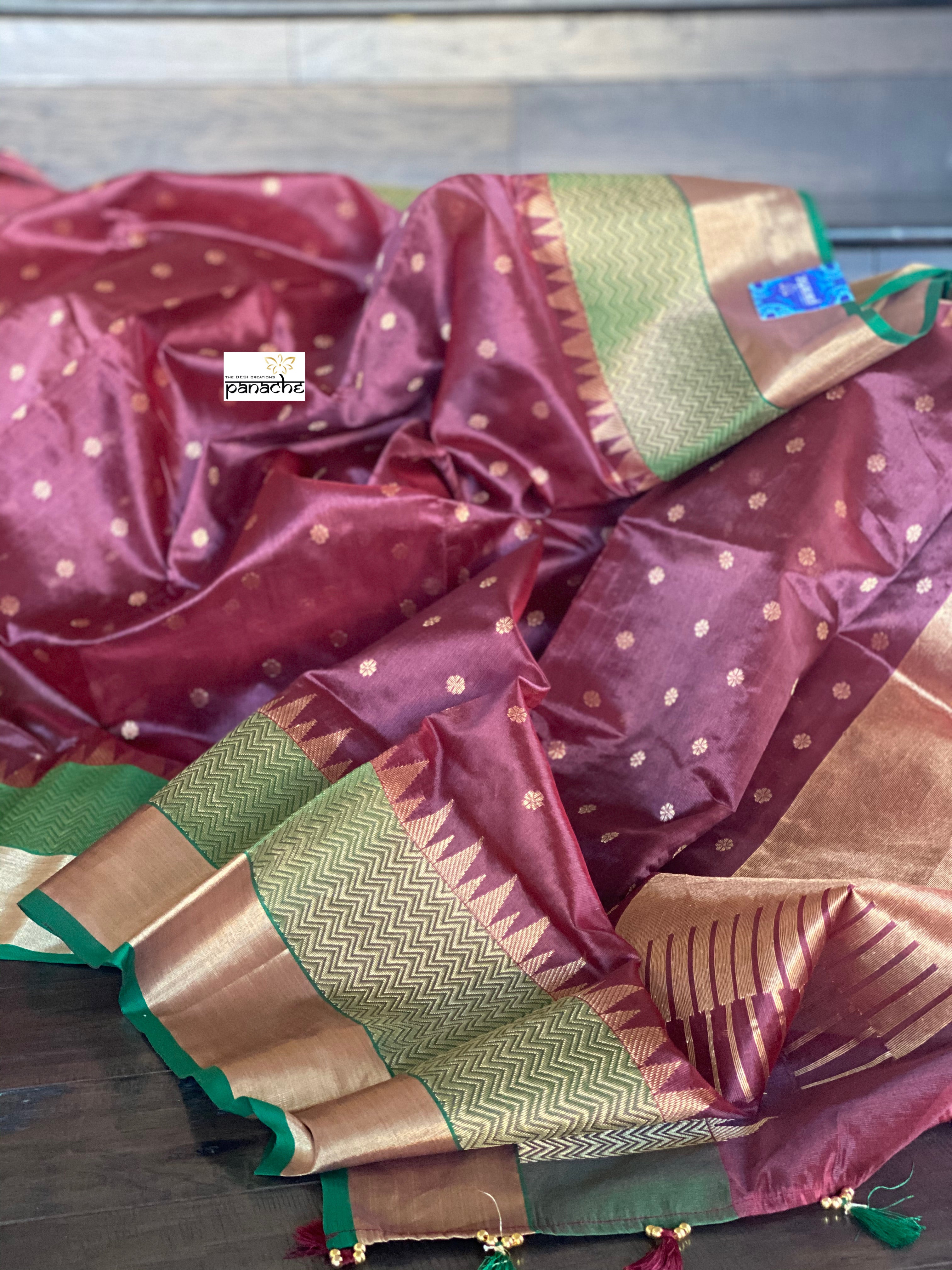 Pure Chanderi Silk - Brown Plum Green Golden Silver Zari Woven
