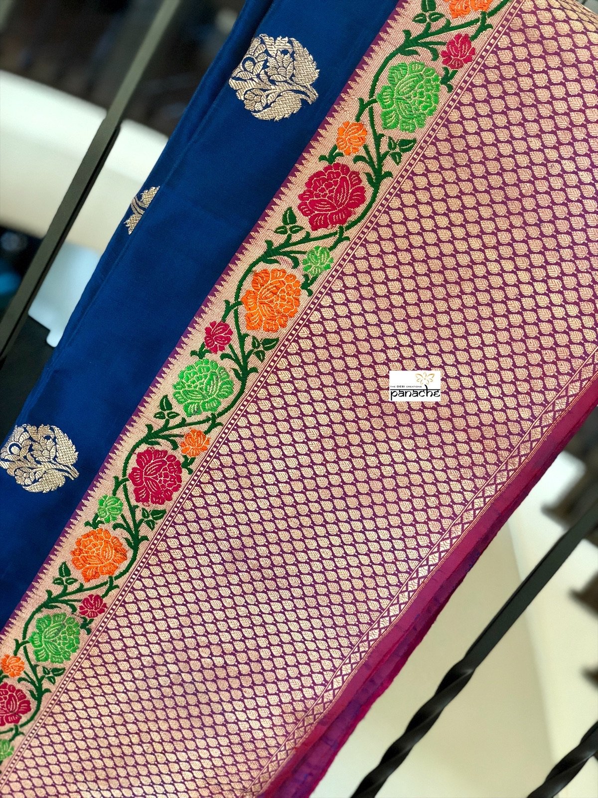 Pure Katan Silk Benarasi - Blue Magenta Kadwa