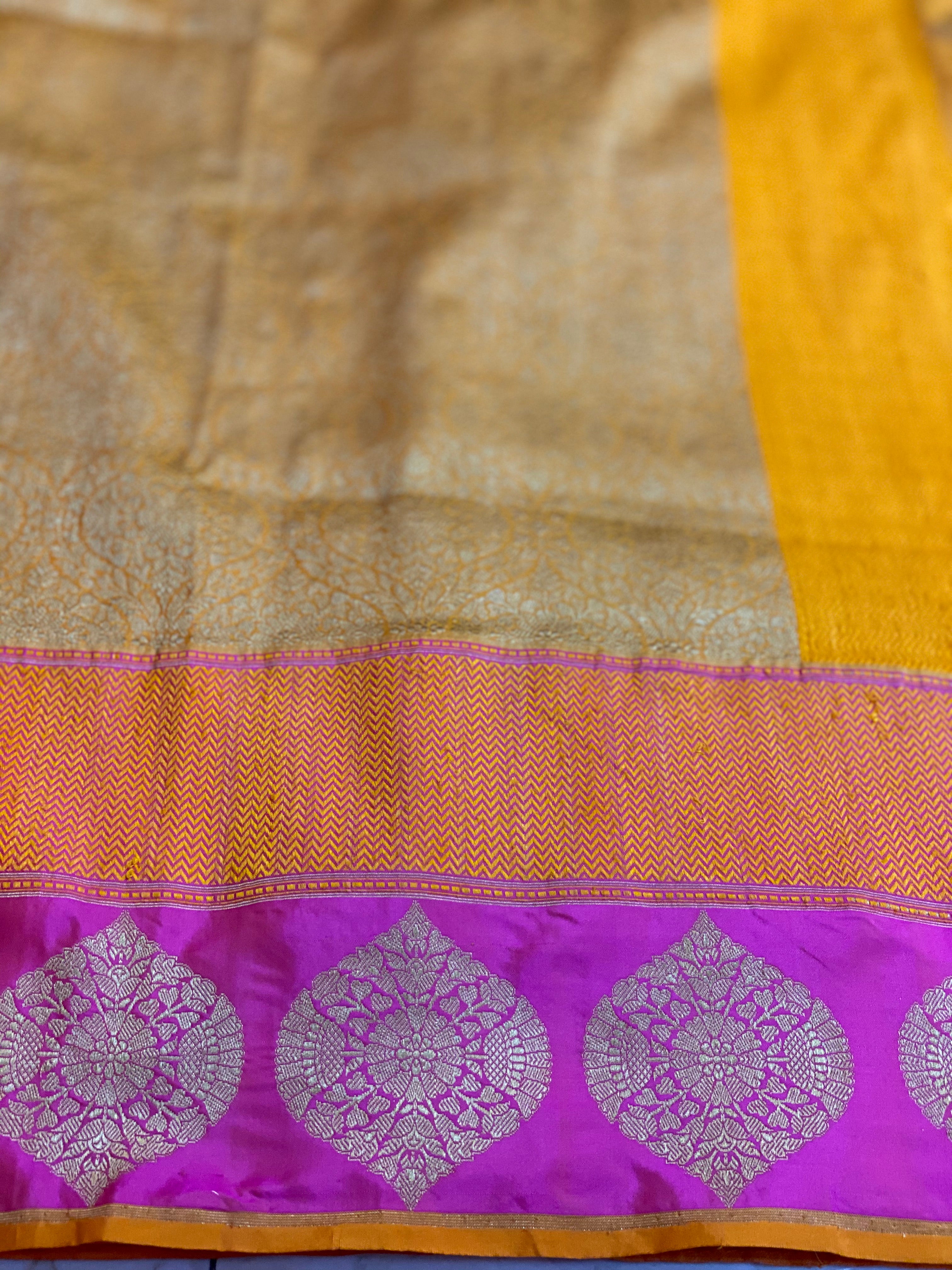 Pure Silk Brocade Banarasi - Mustard Yellow Kadwa Woven