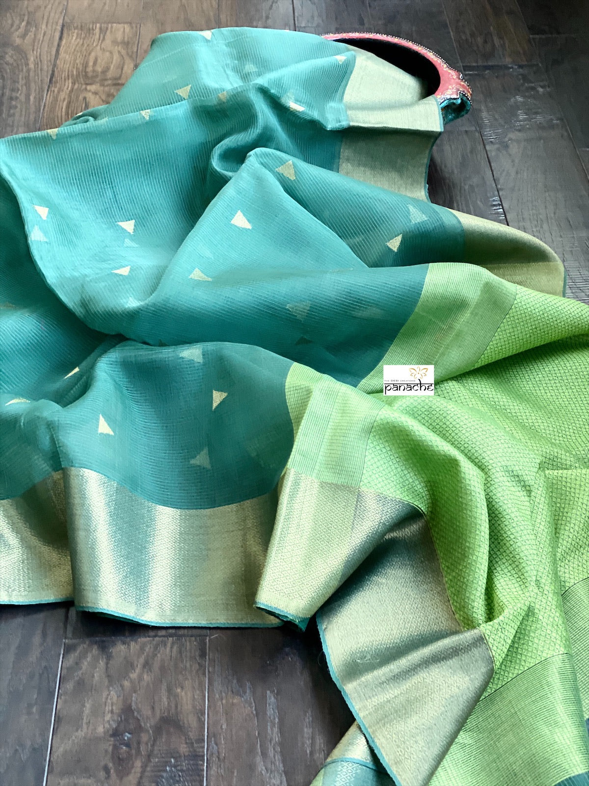 Muslin Silk - Teal Moss Green Zari Weave