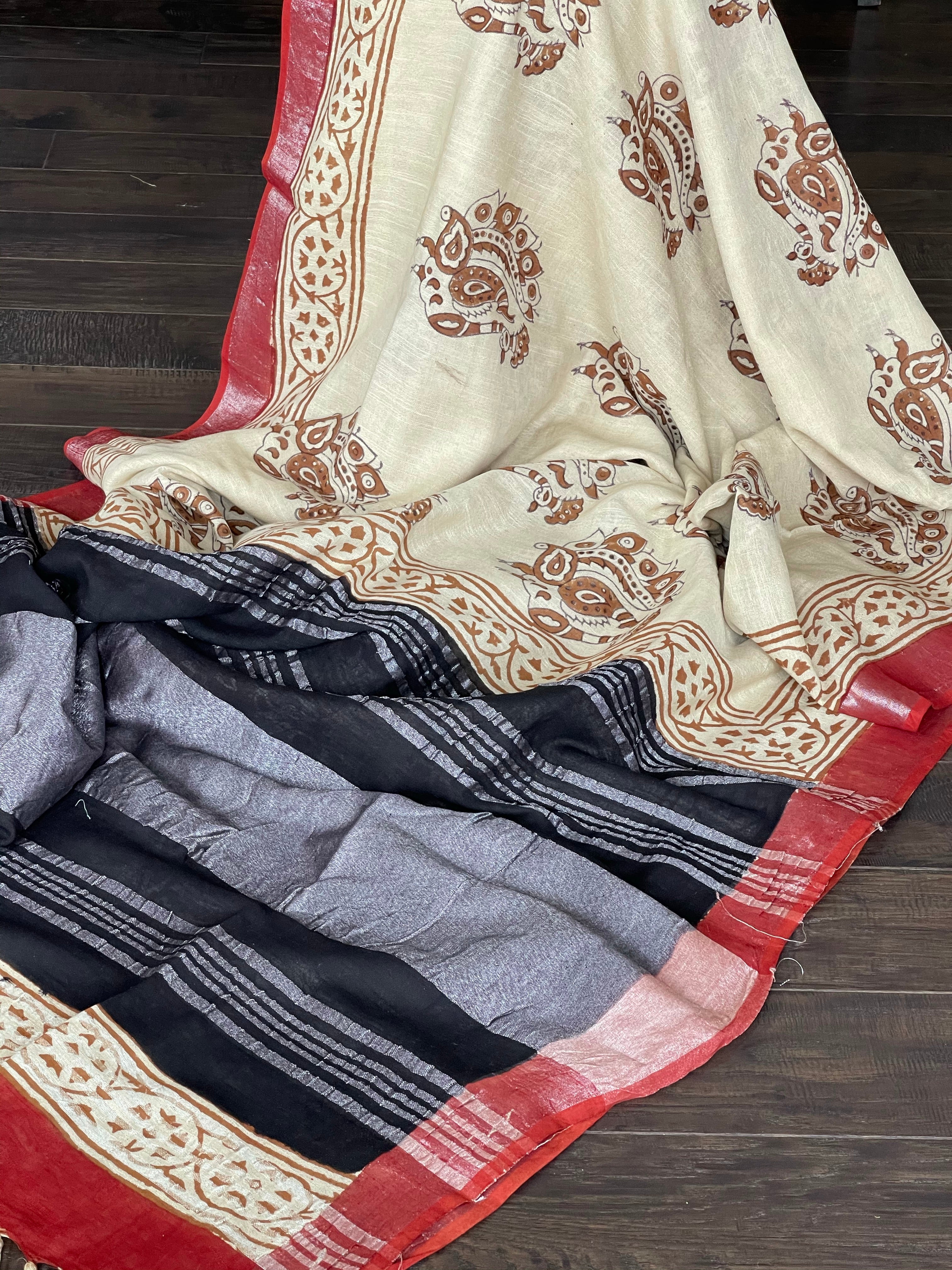 Linen Printed - Cream Beige Black