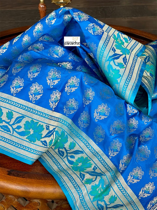 Pure Katan Silk Banarasi - Royal Blue Firozi Antique Zari