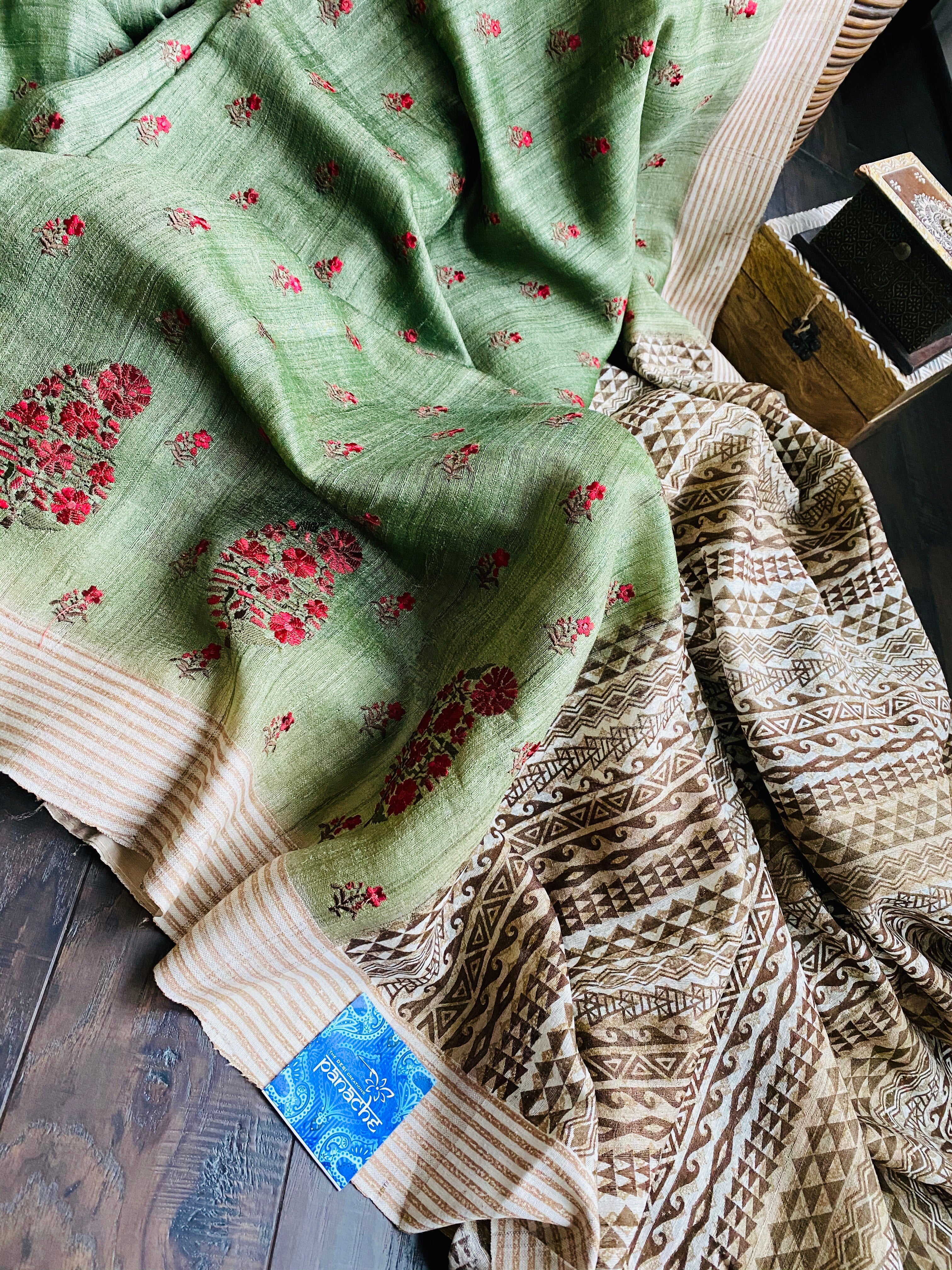 Tussar Silk - Moss Green Embroidered