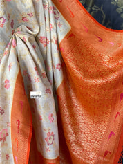 Khaddi Tussar Banarasi - Tilfi woven Beige Orange Multi Meenakari