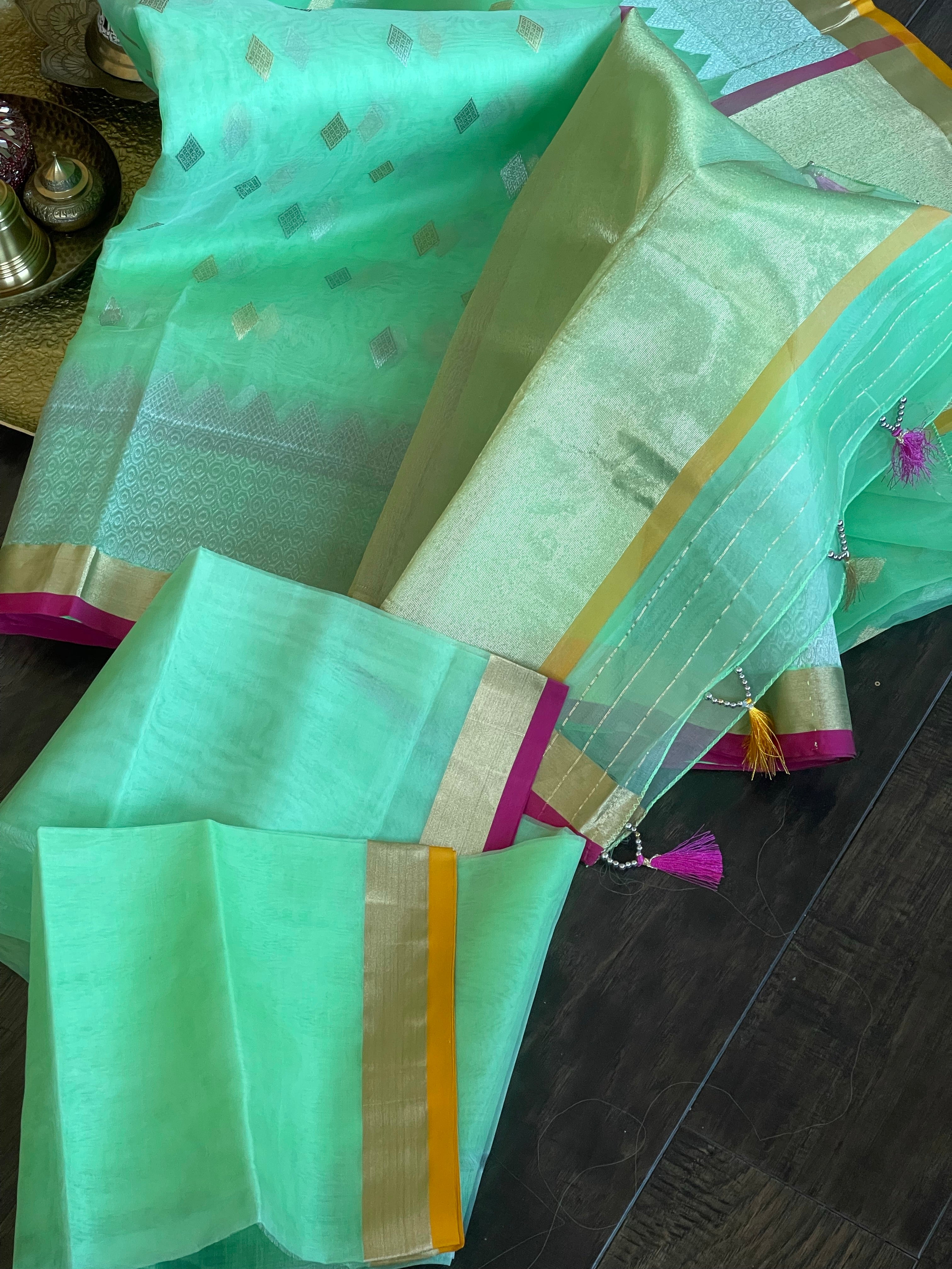 Pure Chanderi Organza Silk - Light Green Eknalya
