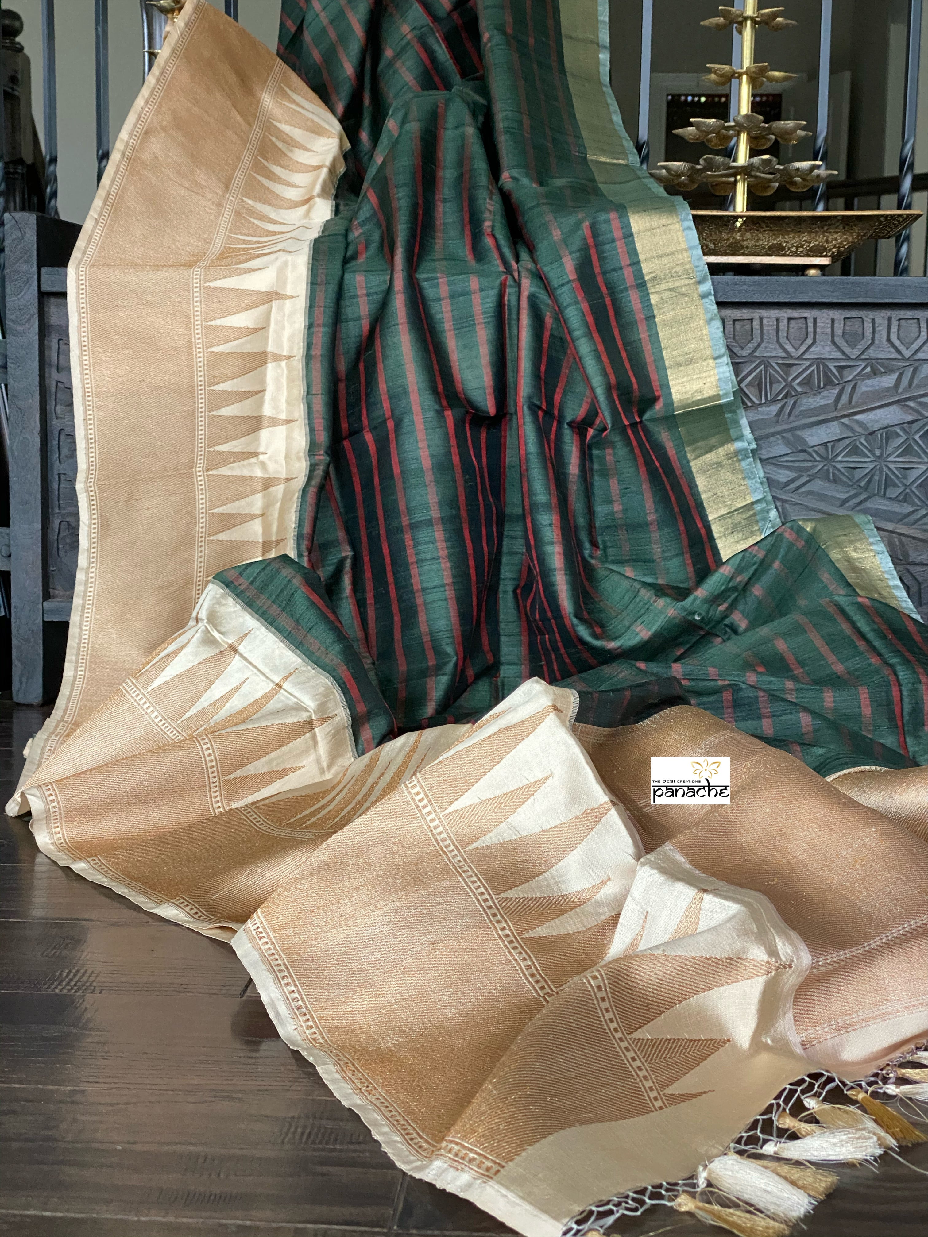 Pure Tassur Silk Banarasi - Dark Black Avocado Green Striped