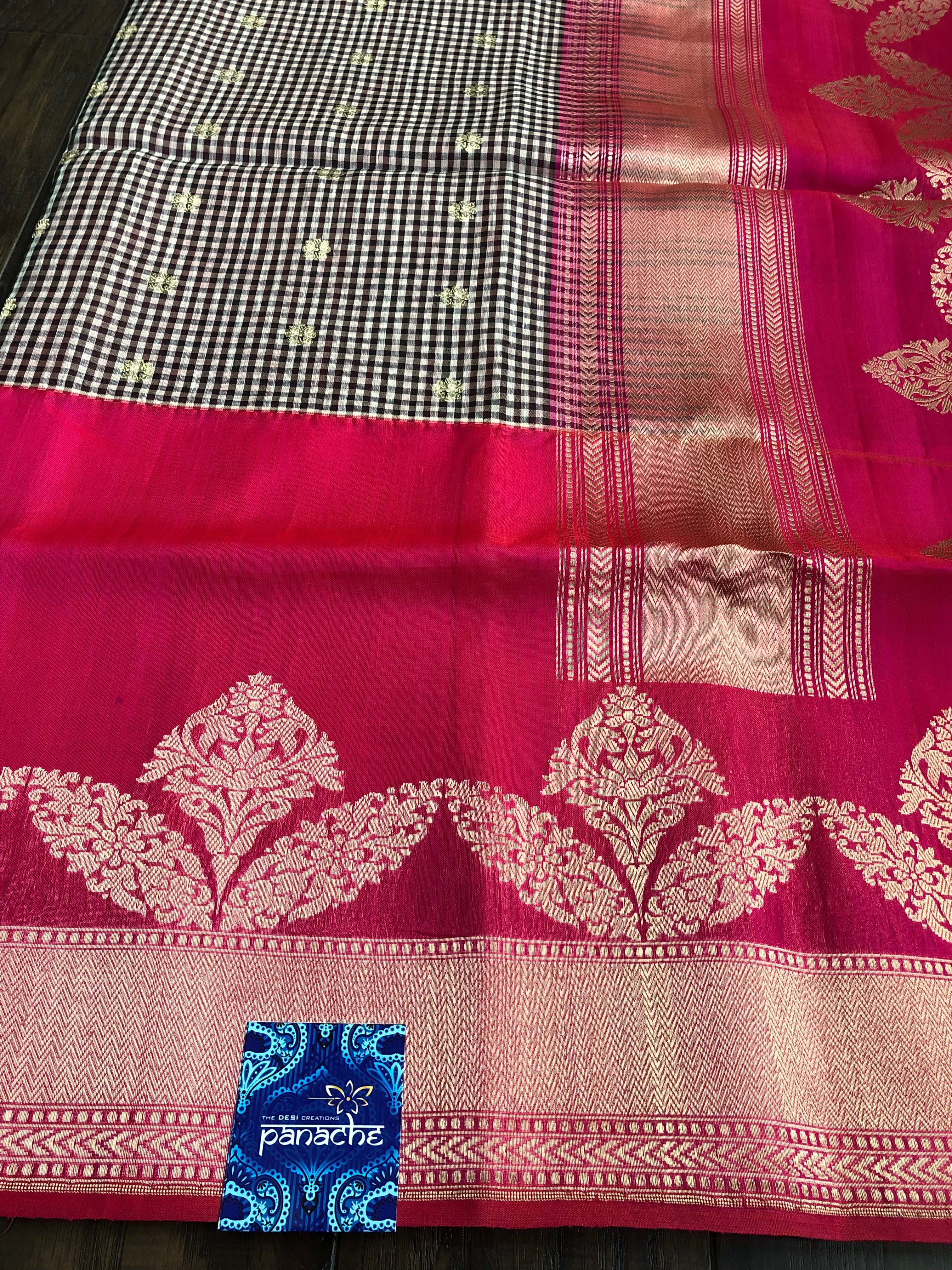 Kora Linen Silk Banarsi - Black White Checks Pink