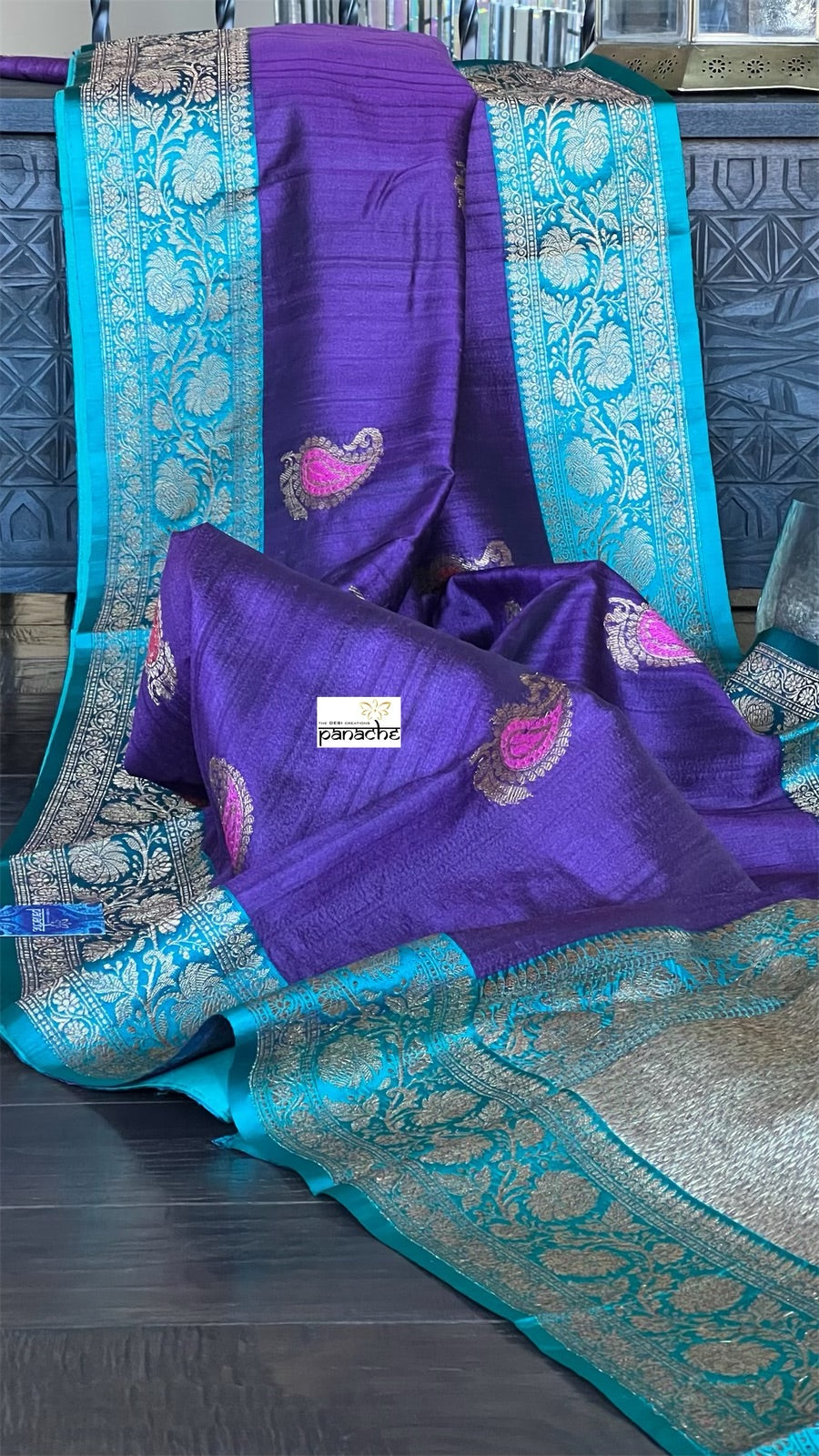 Tussar Silk Banarasi - Purple Firozi Meenakari