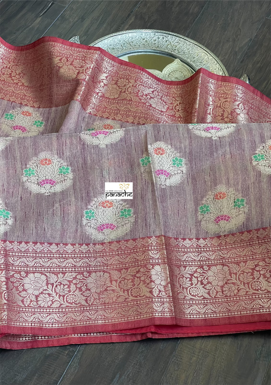 Soft Dupion Banaras Saree - Onion Pink Magenta Meenakari