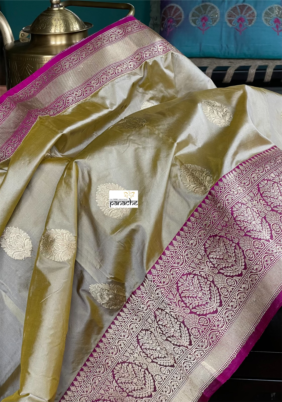 Pure Katan Silk Banarasi - Tan Gray Magenta