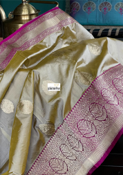 Pure Katan Silk Banarasi - Tan Gray Magenta