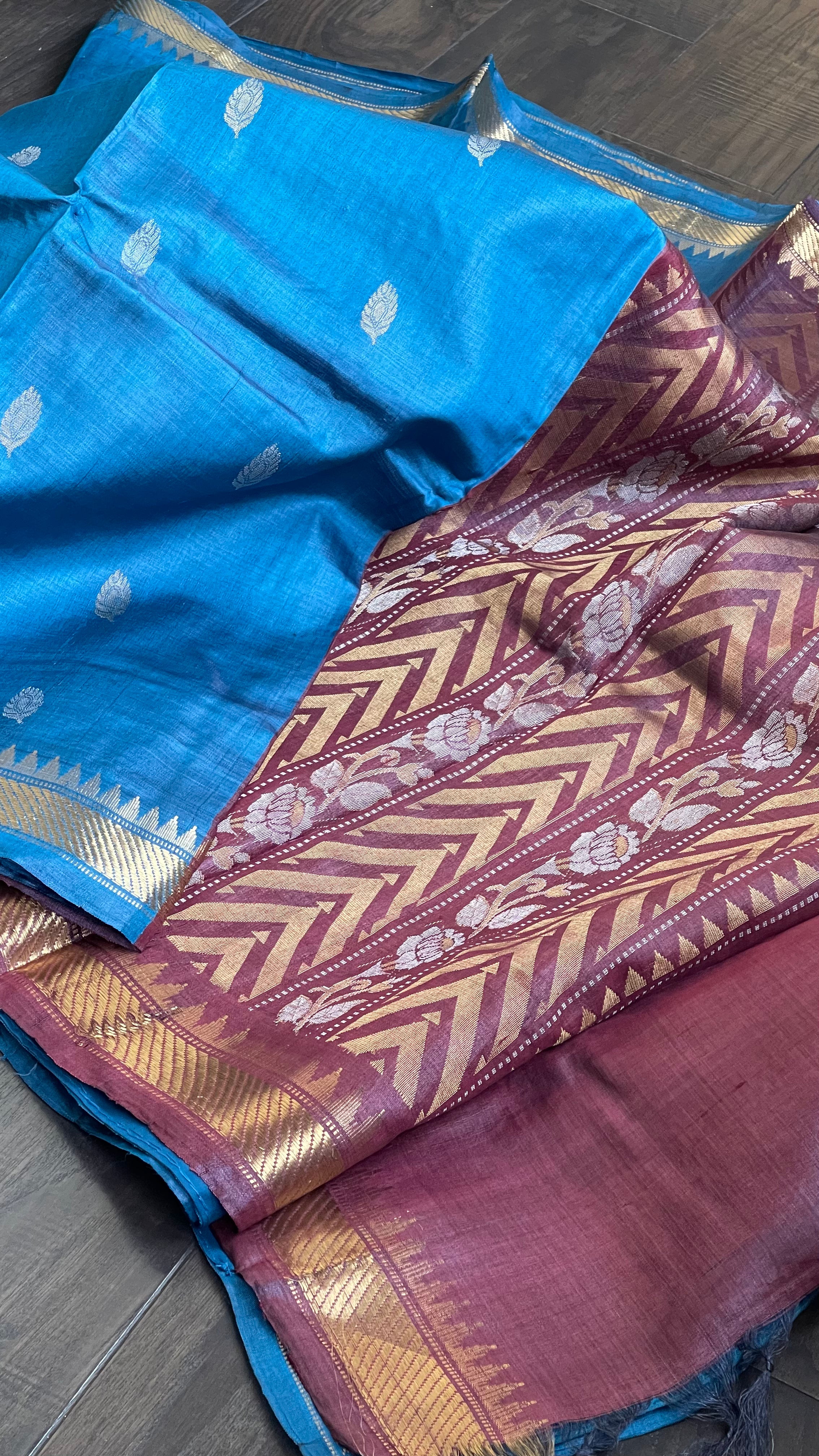 Pure Tussar Silk Woven - Royal Blue Maroon
