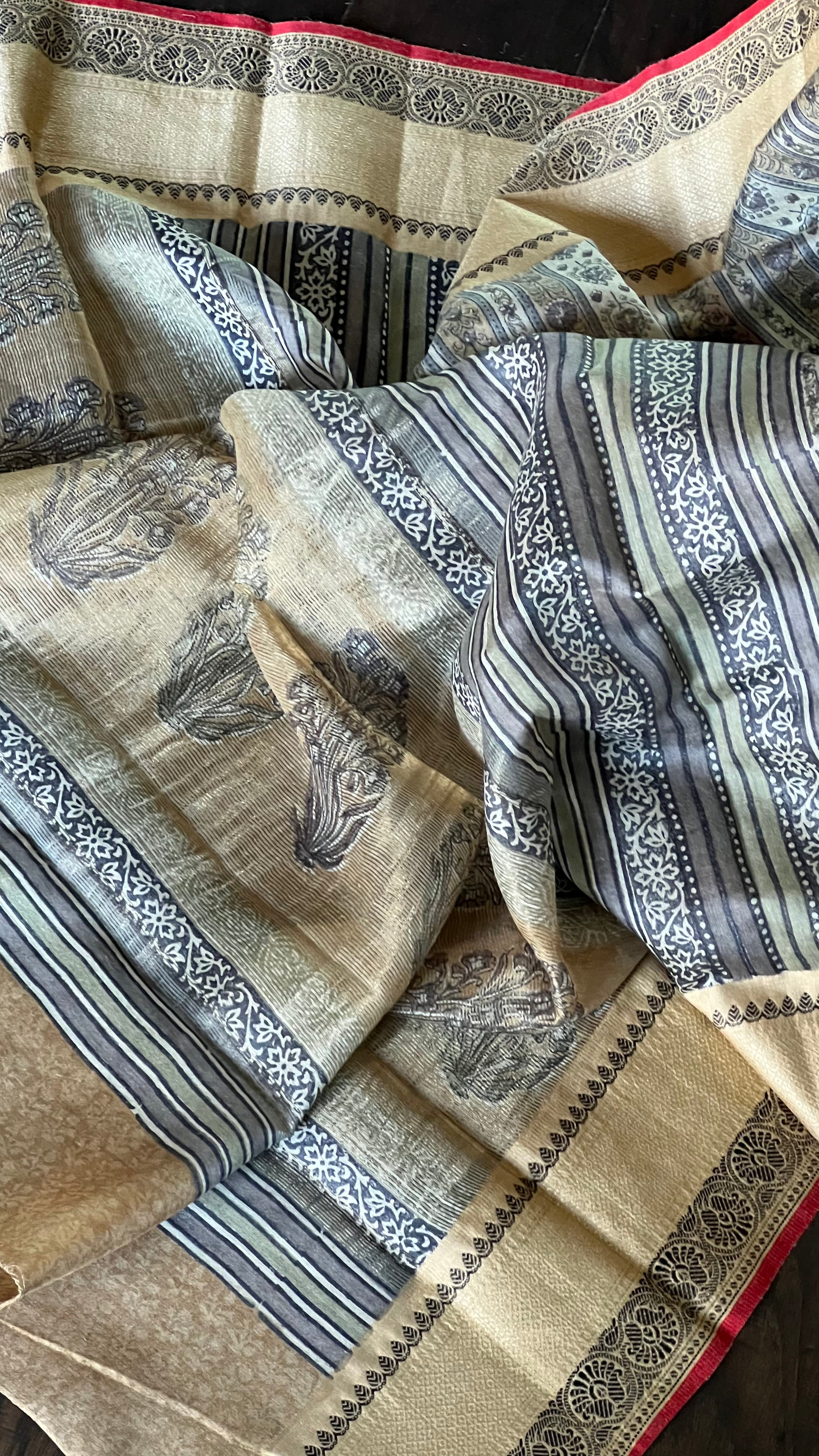 Muga Silk - Beige Black Printed