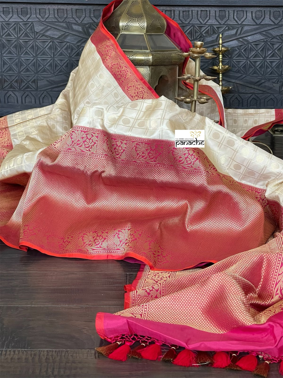 Pure Katan Silk Checkered Banarasi - Golden Beige Magenta Red Kadwa woven