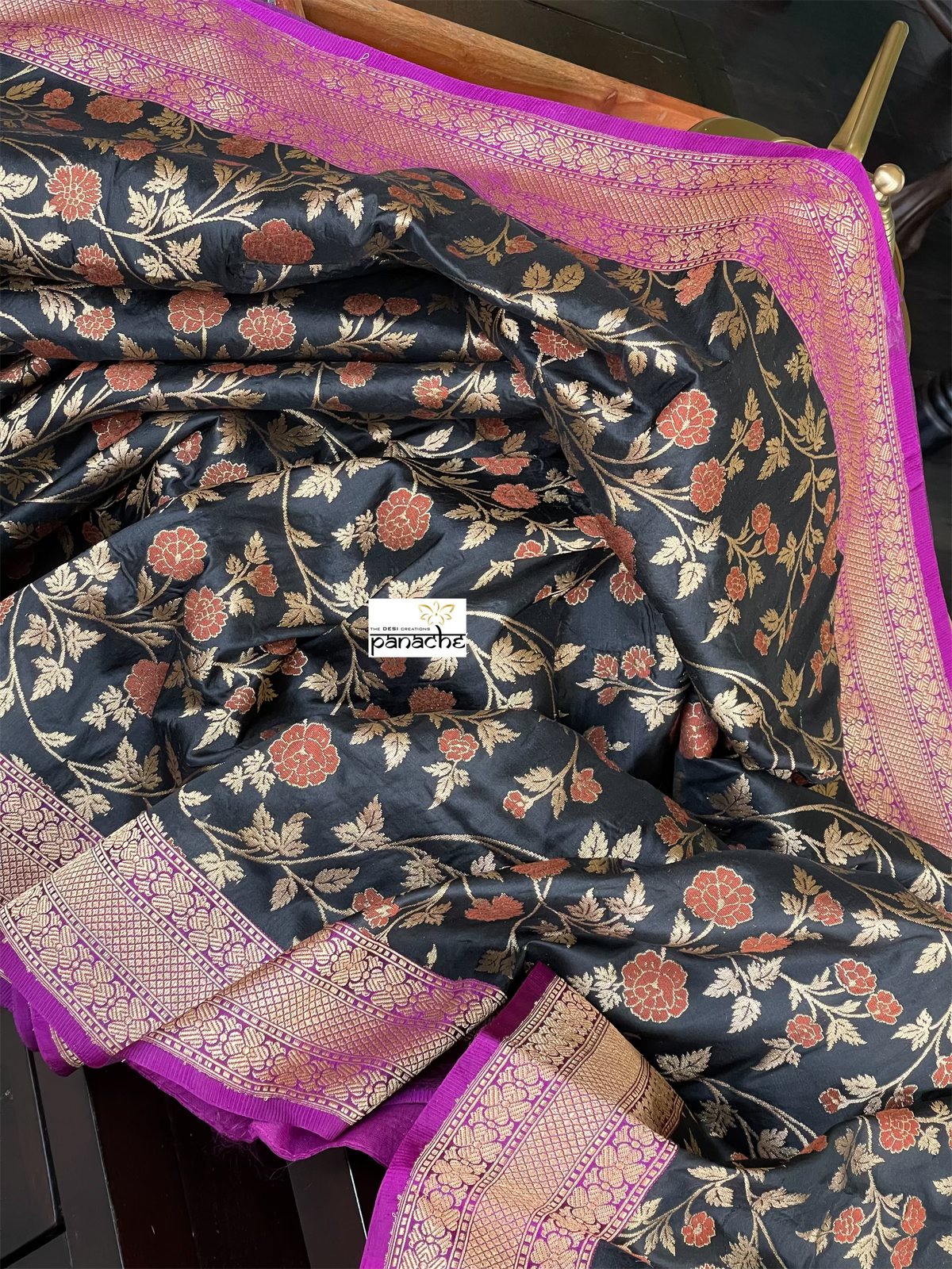 Pure Silk Jangla Banarasi - Black Magenta Purple Antique Golden Zari
