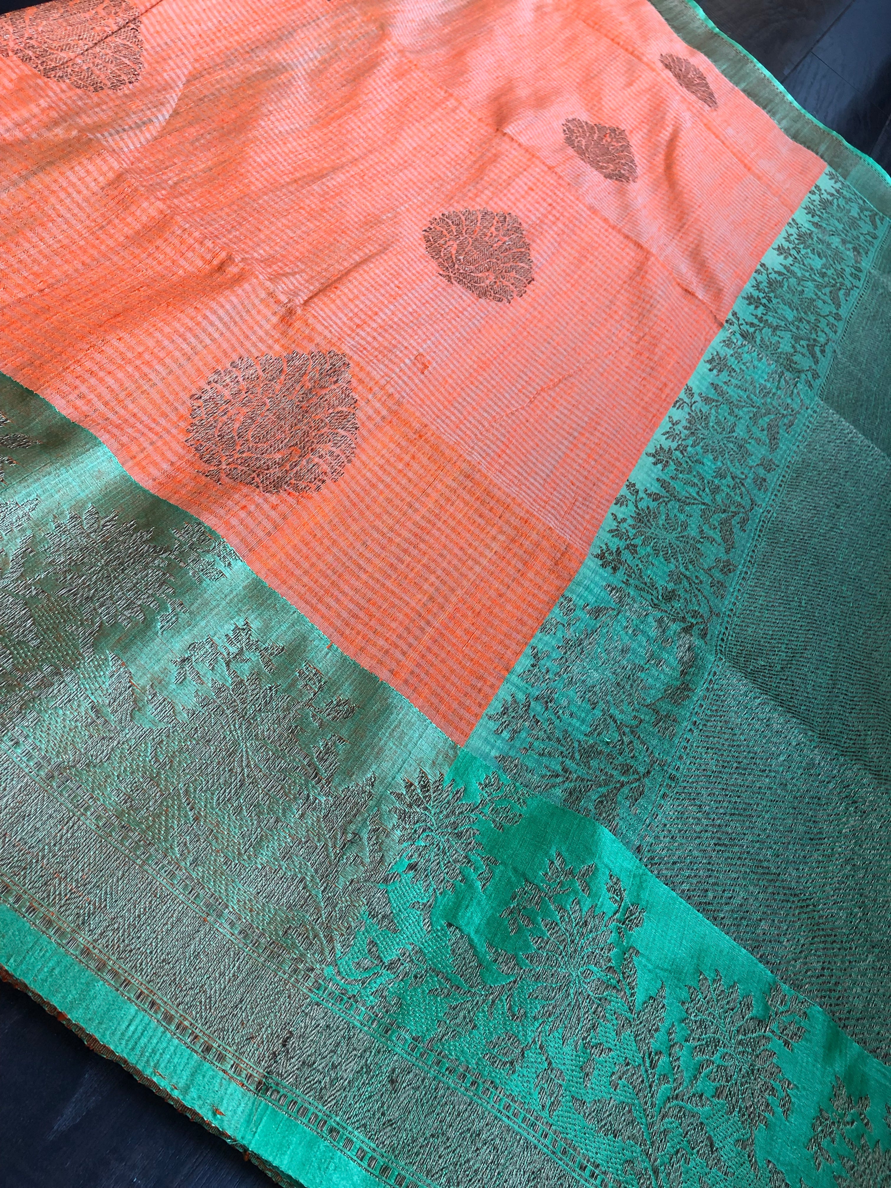 Tussar Silk Banarsi - Orange Green