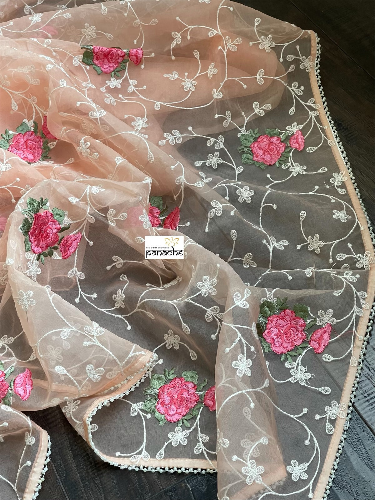 Designer Organza Floral - Peach Embroidered