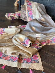 Embroidered Muga Silk - Silver Grey