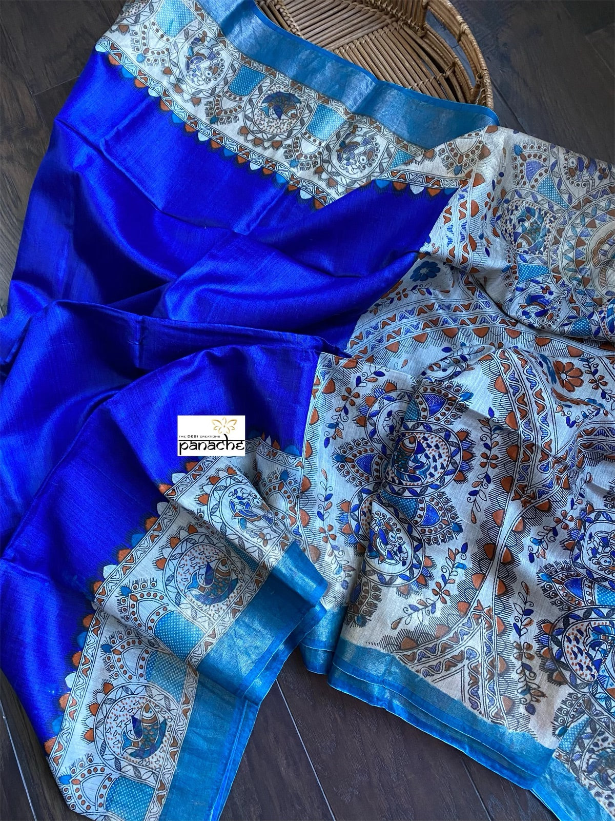 Muga Silk - Royal Blue Madhubani Printed