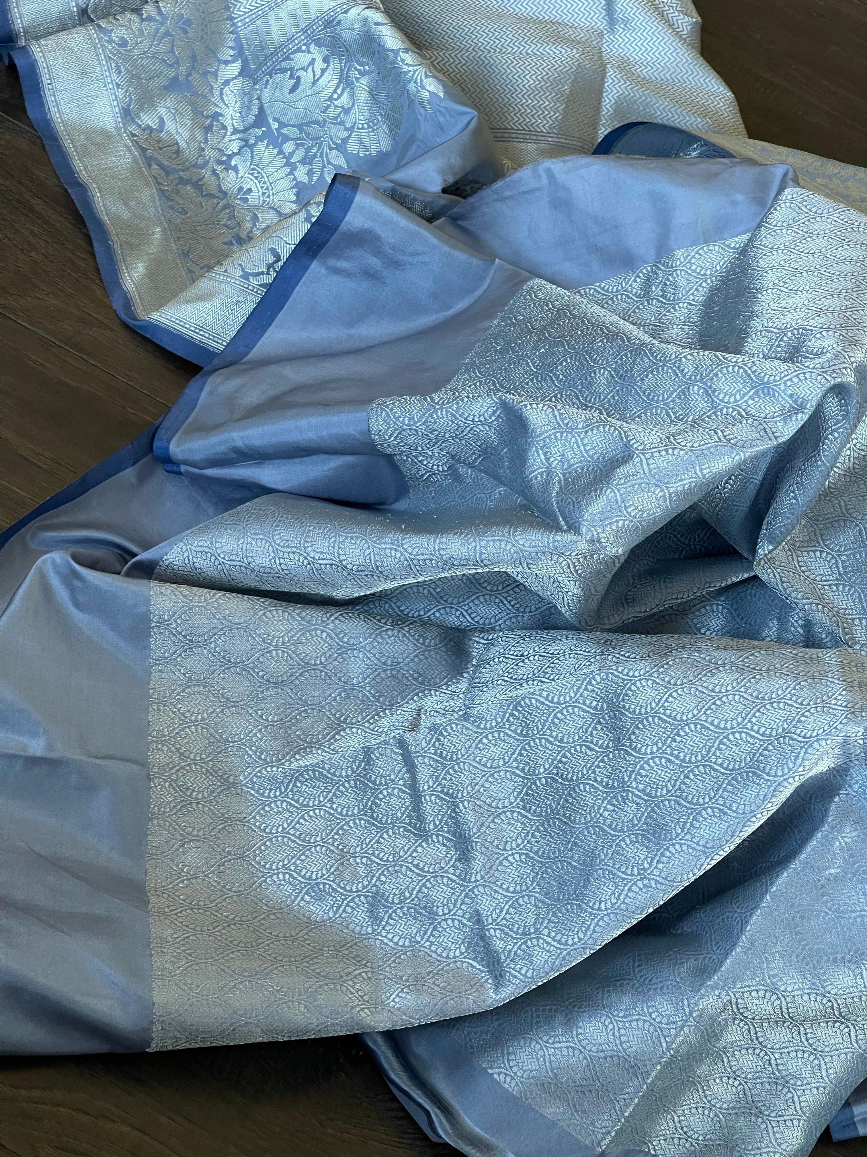 Pure Katan Silk Banarasi - Bluish Grey Meenakari Kadwa