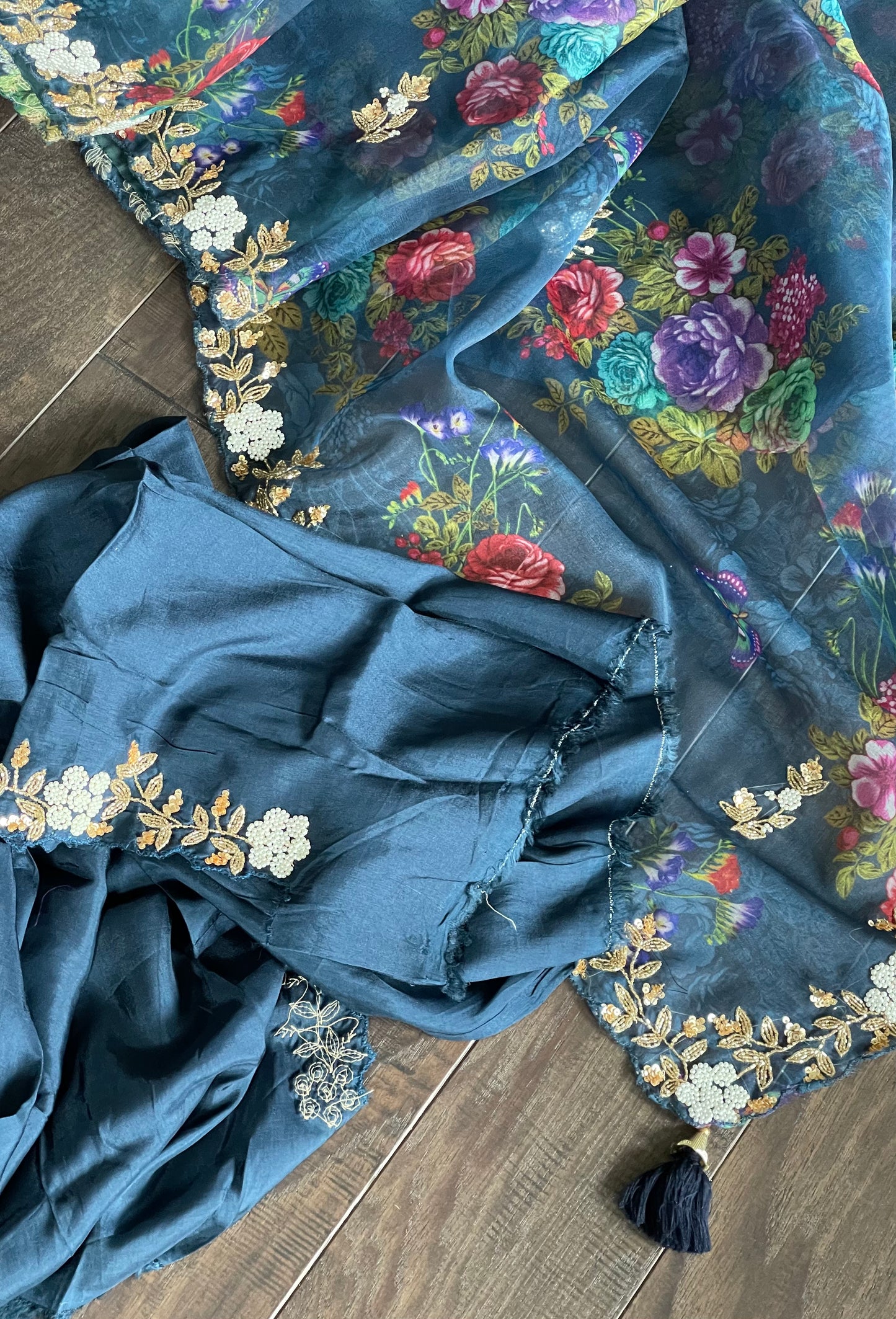 Designer Organza Floral - Teal Blue Green