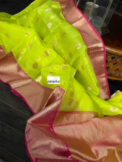 Chanderi Organza Silk - Neon Green Magenta Meenakari