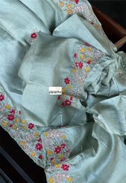 Designer Tussar Silk - Moss Green Hand Embroidered