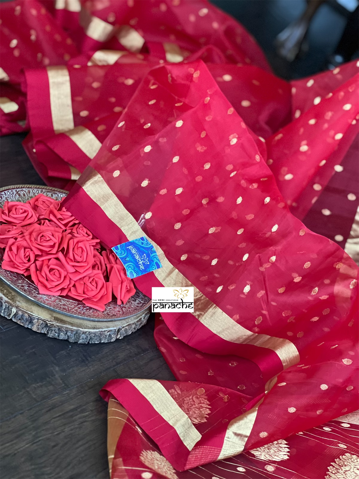 Pure Chanderi Organza Silk - Red Golden Zari