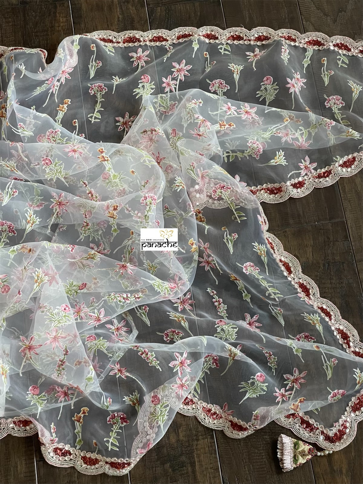 Designer Organza - Off-white Maroon Hand embroidered