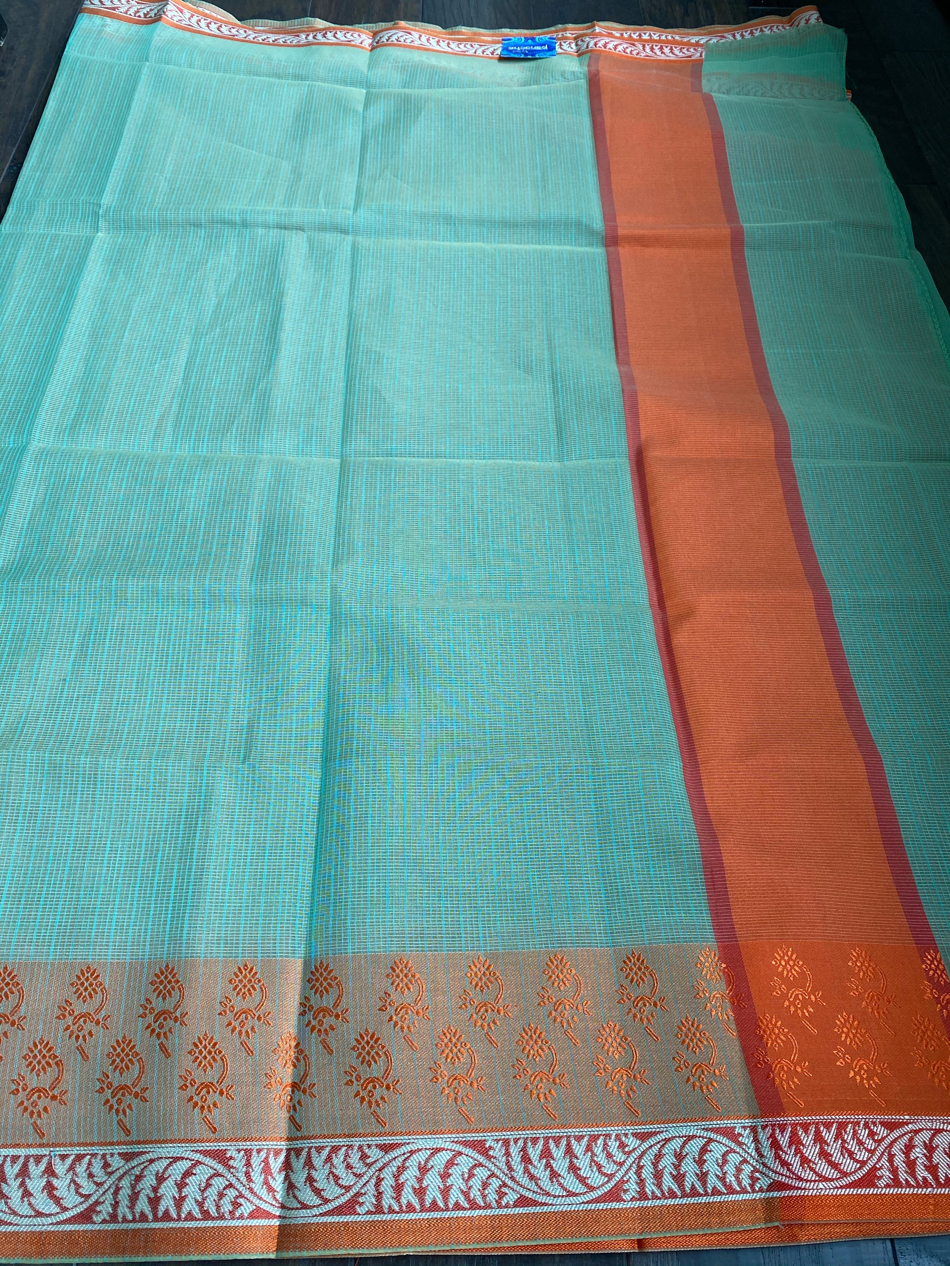 Cotton Silk Banaras Chanderi - Mint Green Orange