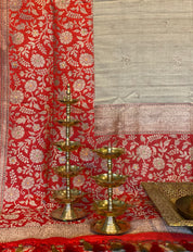 Pure Tassur Silk Banarasi - Beige Tan Red Meenakari