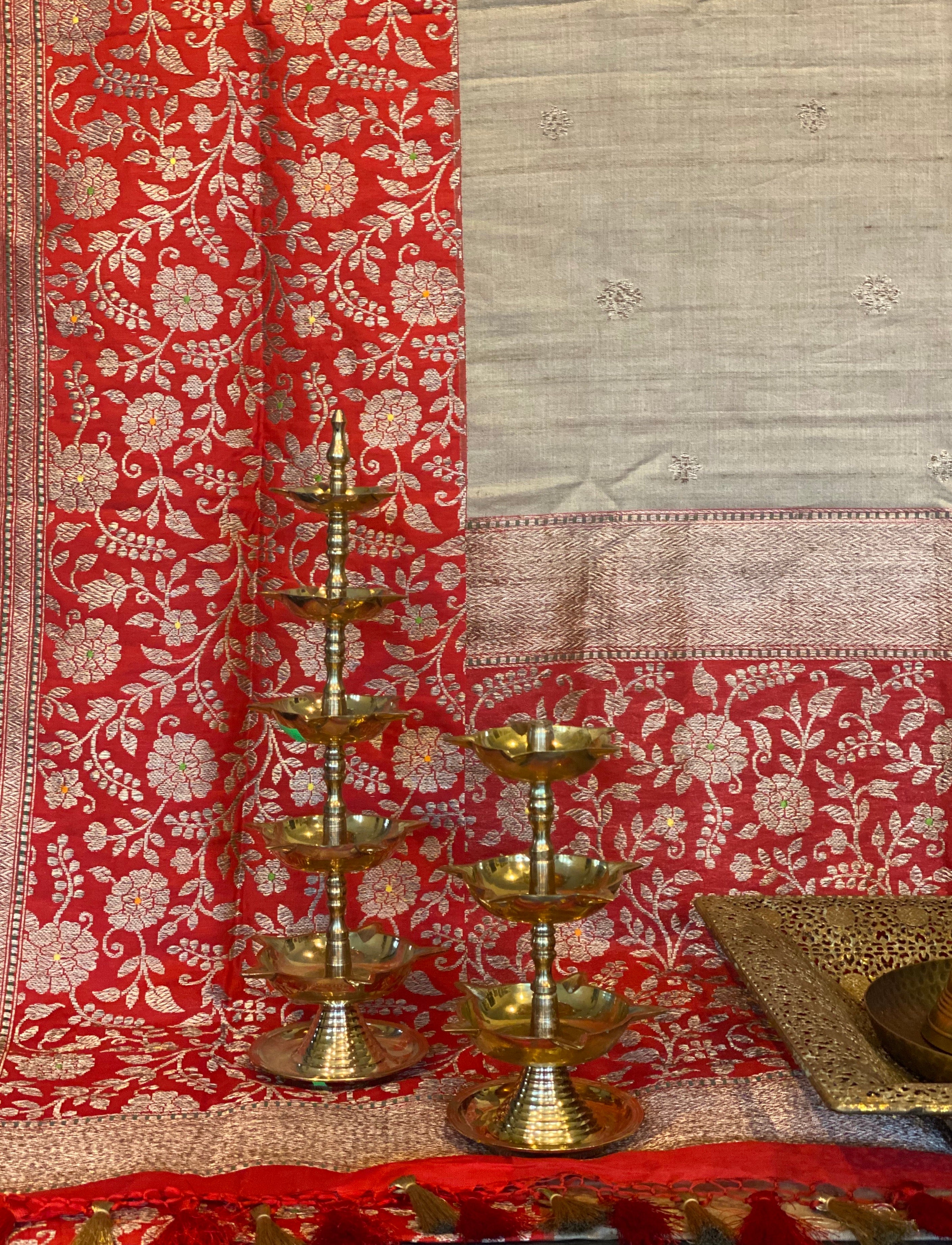 Pure Tassur Silk Banarasi - Beige Tan Red Meenakari