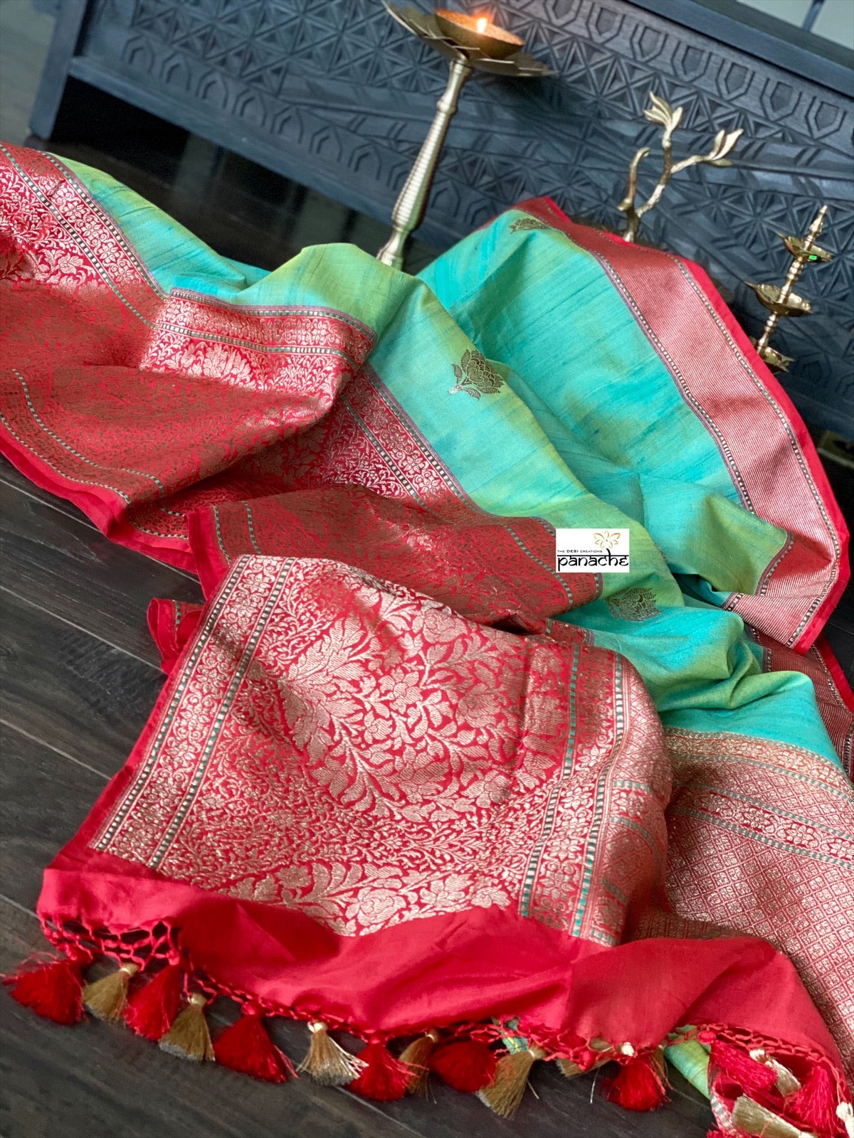 Pure Tassur Silk Banarasi - Sea Green Red
