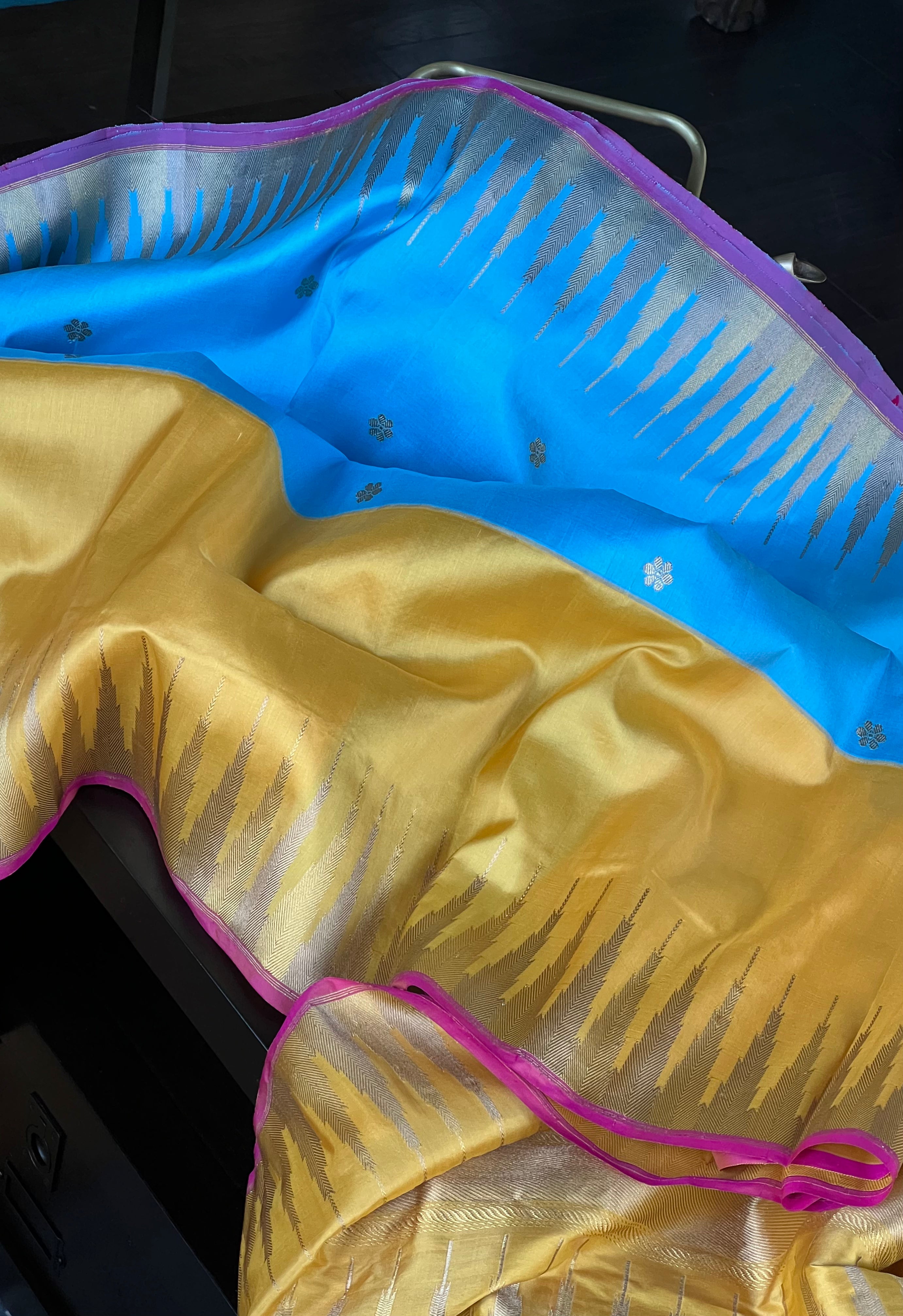 Pure Silk Katan Banarasi - Blue Yellow Kadwa