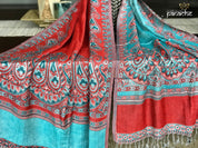 Jamavar Wool Stole - Reddish Maroon Teal Reversible