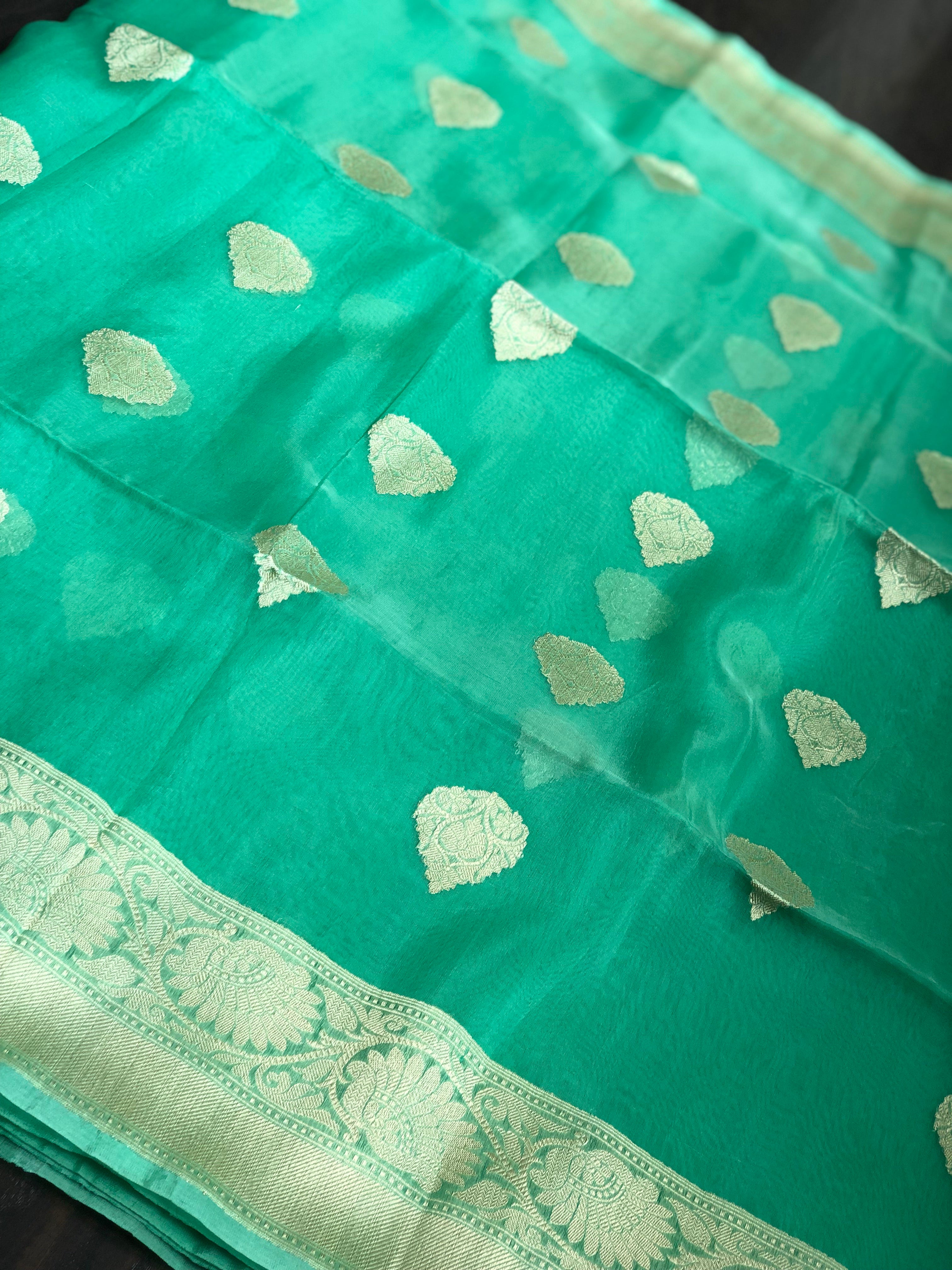 Organza Silk Banarsi - Sea Green Golden Zari