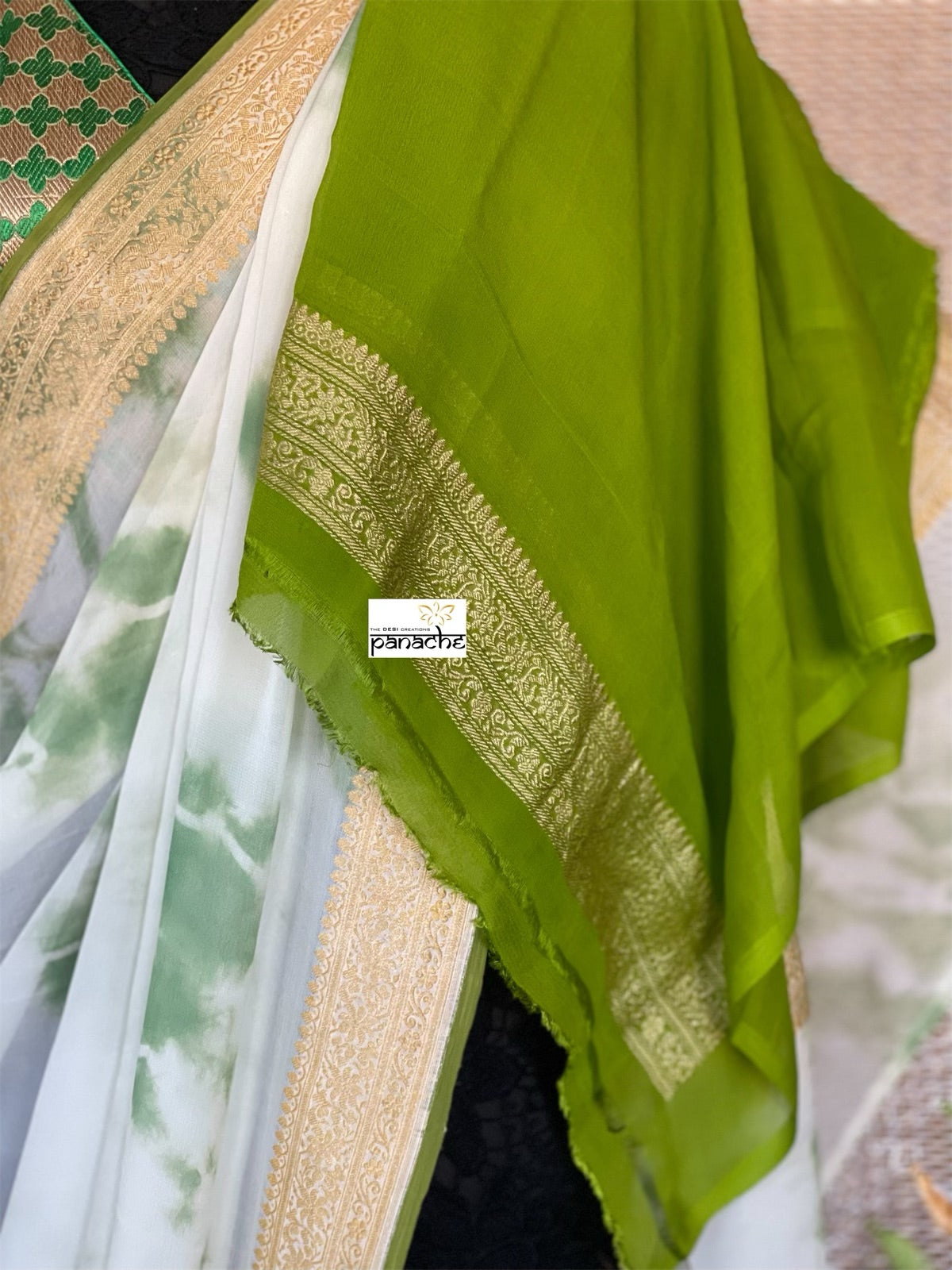 Khaddi Georgette Banarasi - Off-White Green Tie-dye Khadhua Woven