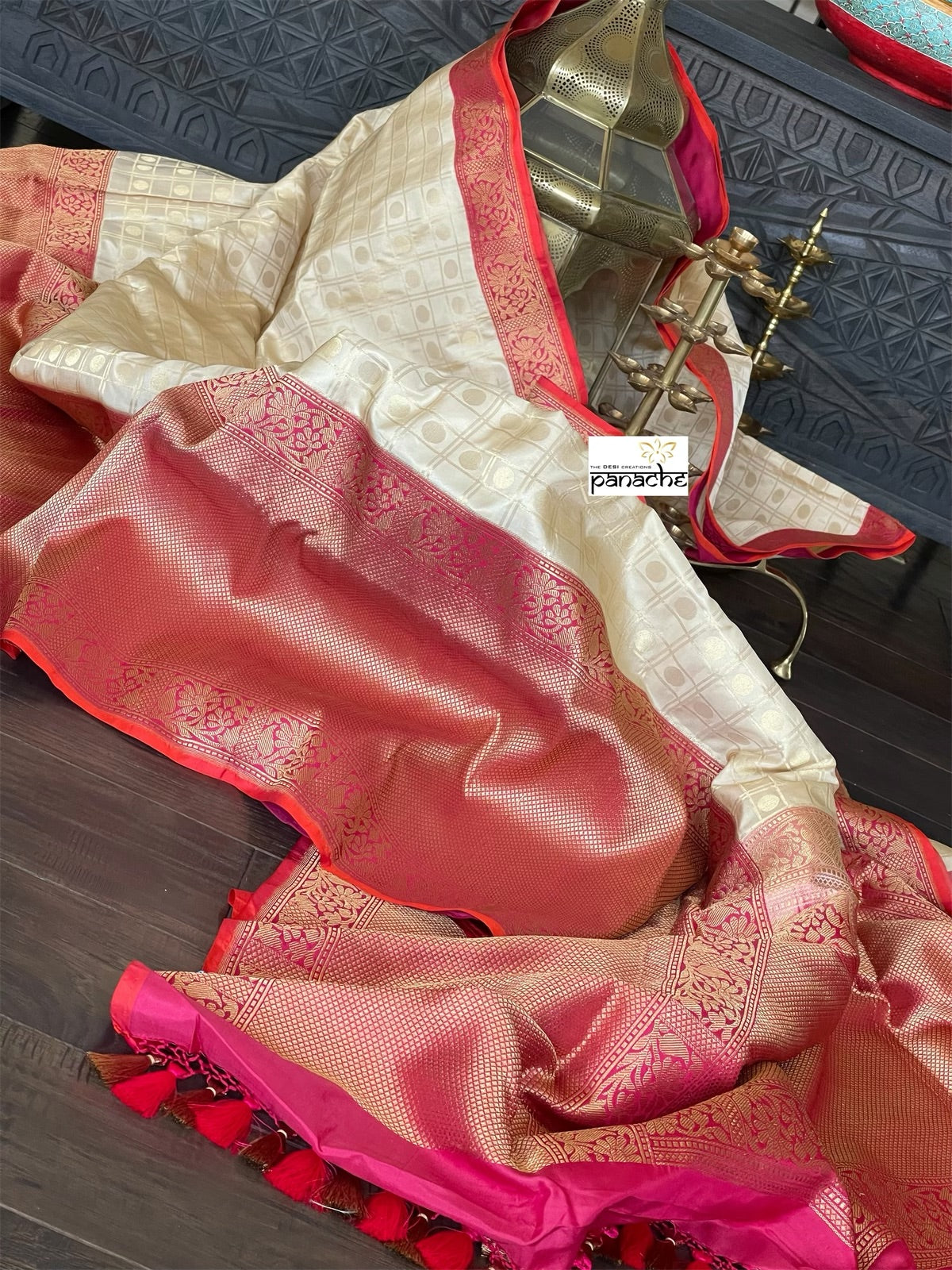 Pure Katan Silk Checkered Banarasi - Golden Beige Magenta Red Kadwa woven