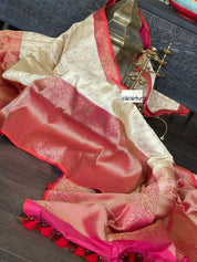 Pure Katan Silk Checkered Banarasi - Golden Beige Magenta Red Kadwa woven