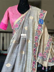Embroidered Muga Silk - Silver Grey