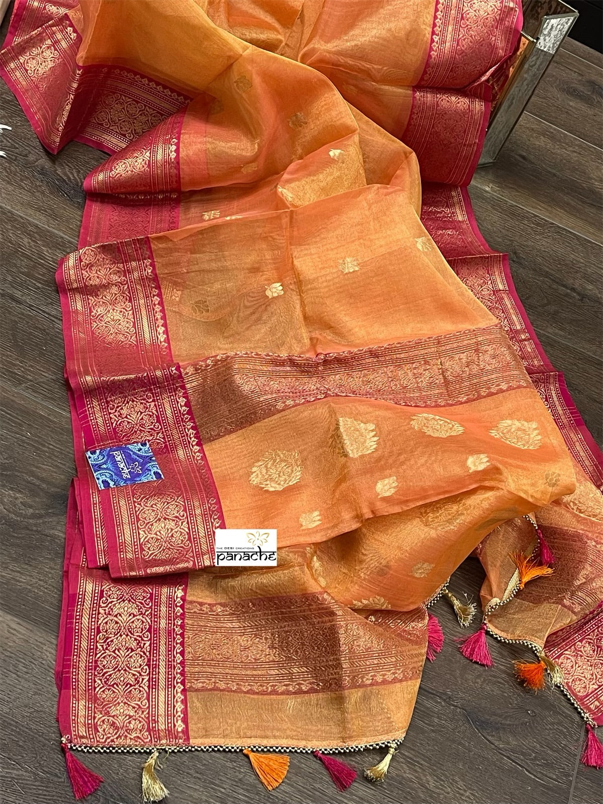Tissue Chanderi Organza Silk - Dual Shaded Peach Orange Magenta