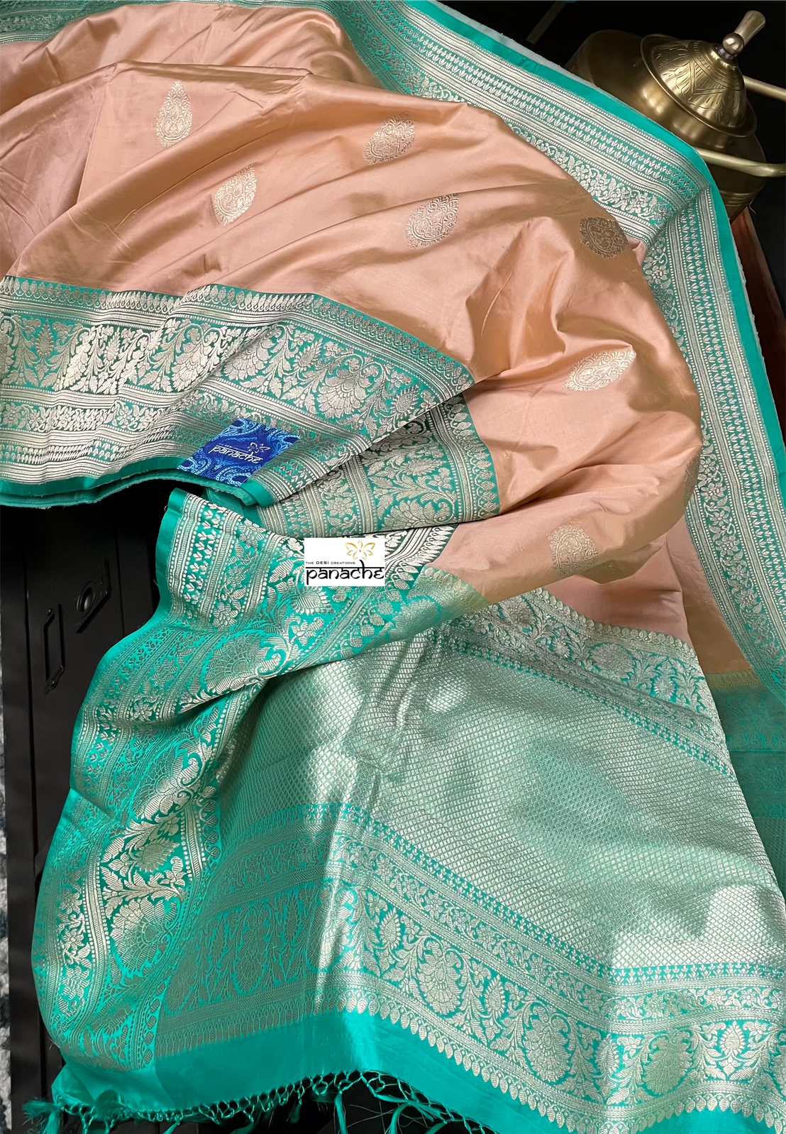 Pure Katan Silk Banarasi - Peach Sea-Green
