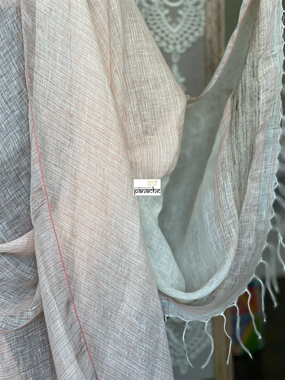 Linen Handloom - Off White Peach Silver Zari