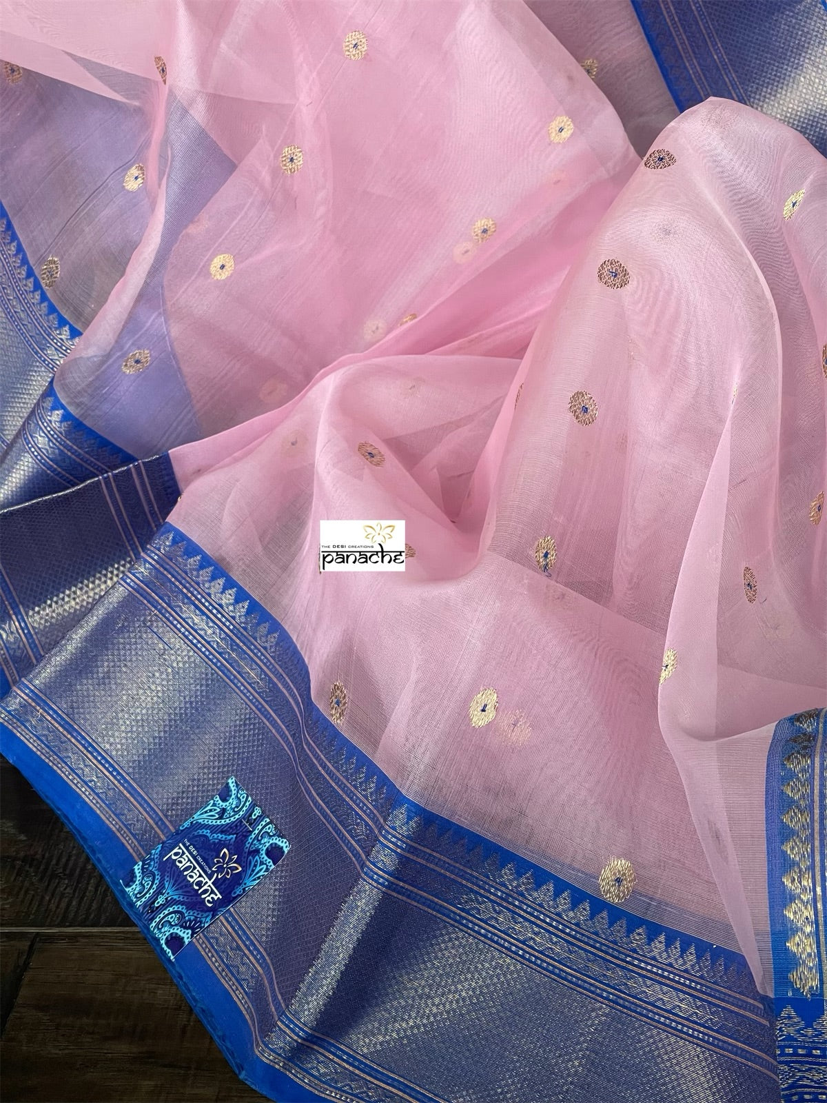 Pure Chanderi Organza Silk - Baby Pink Blue Eknaliya