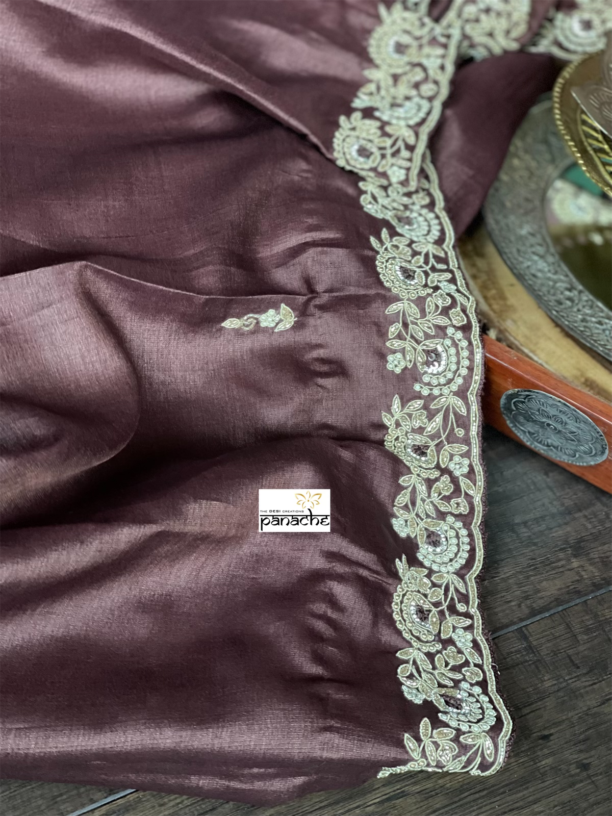 Designer Tussar Silk - Dark Coffee Brown Hand Embroidered