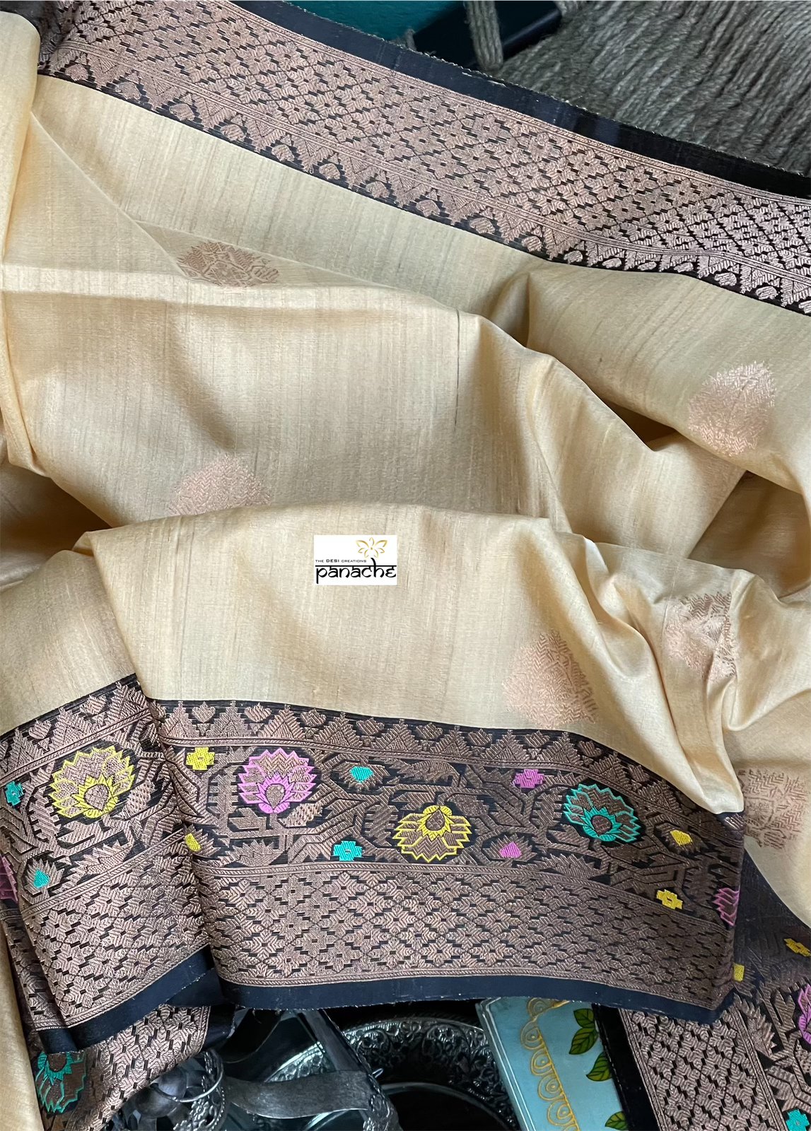 Tussar Silk Banarasi - Beige Yellow Antique Zari