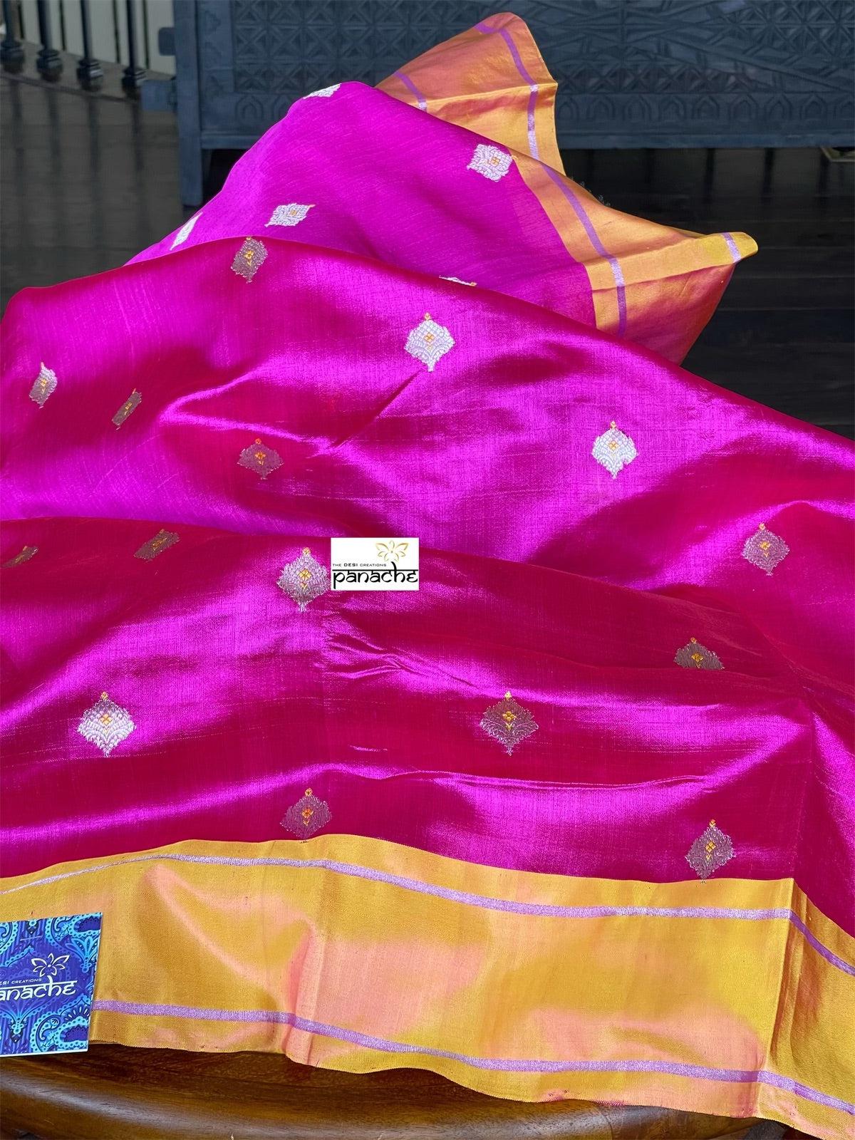 Pure Chanderi Pattu Silk - Magenta Pink Yellow Dual Shaded