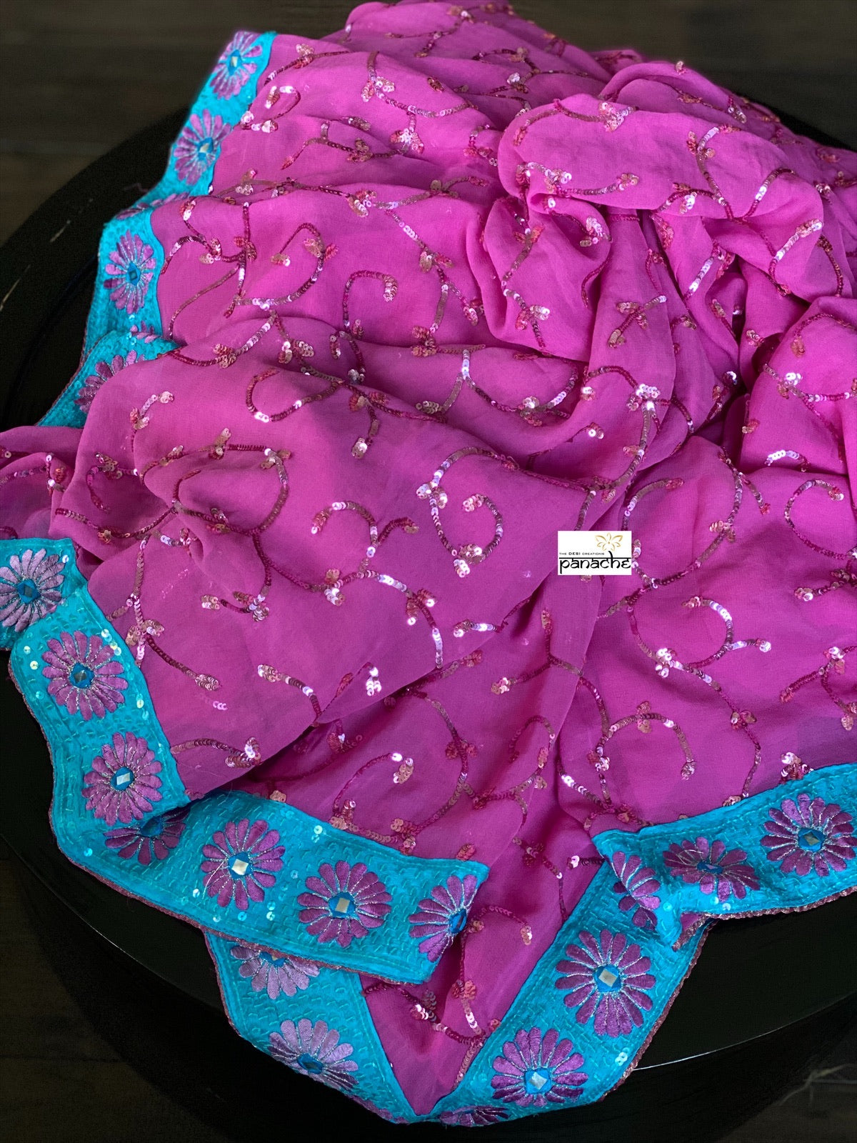 Designer Saree - Pink Firozi Embroidered