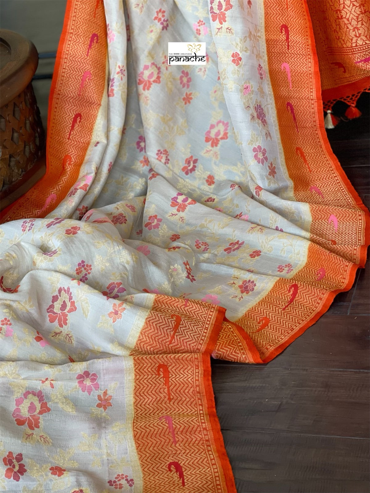 Khaddi Tussar Banarasi - Tilfi woven Beige Orange Multi Meenakari